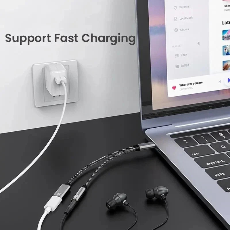 2 in 1 Type-C USB C to 3.5mm AUX Audio Headphone Jack Adapter Charger Cable New gallery