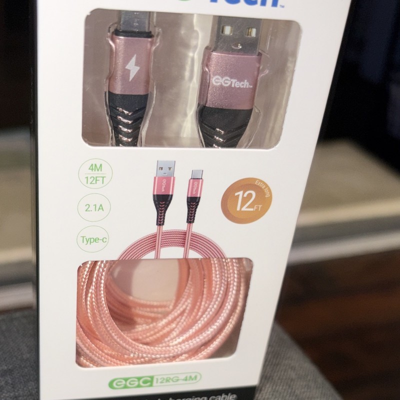 eGTech 12ft Extra Long Braided Nylon USB-A to USB-C Charging Cable Pink
