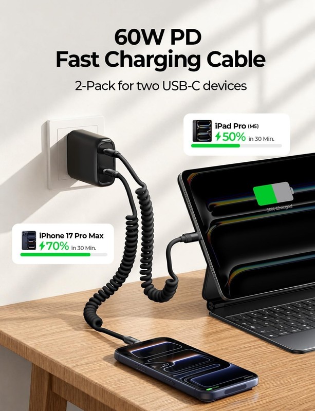 Coiled USB C Cable 2 Pack - Durable Short Fast Charging Cord for Android Auto, C gallery
