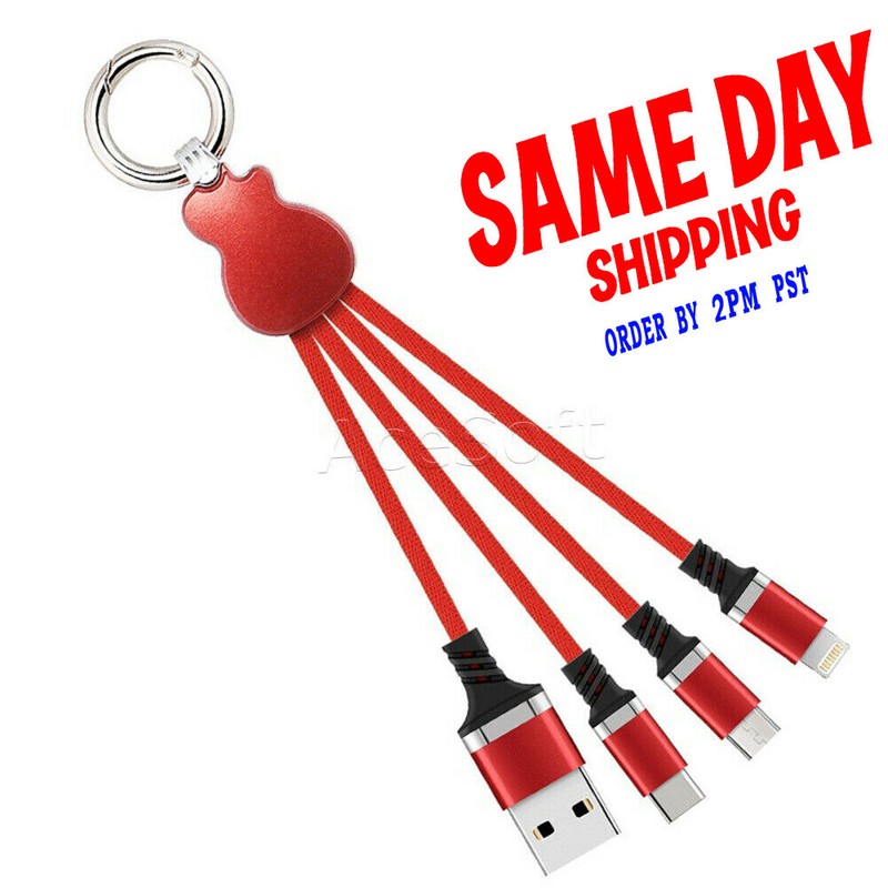 Mini 3in1 Charging Sync Cable fits 8-Pin Android Type-C Micro With Ring Chain