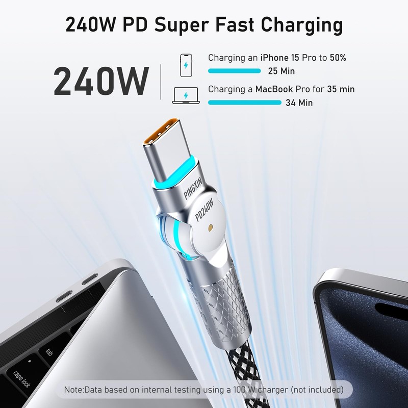 240W USB C To Type C Cable 180 Degree Rotating Braided Fast Charge Black 10F gallery