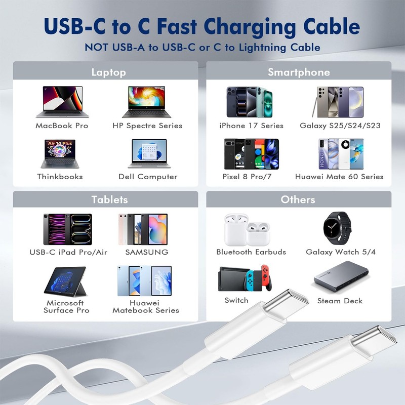 USB C to C Cable (6FT, 2Pack),Type-C 60W Fast Charging 2Pack-6FT, White gallery