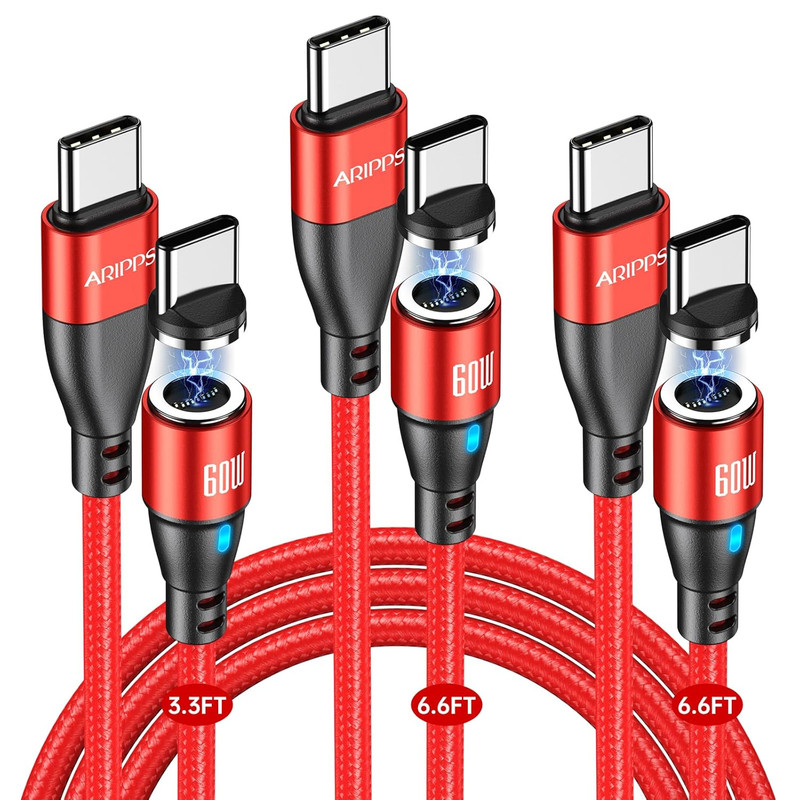 USB C Magnetic Charging Cable 3 Pack 60W Fast Charge Type C Red 3A