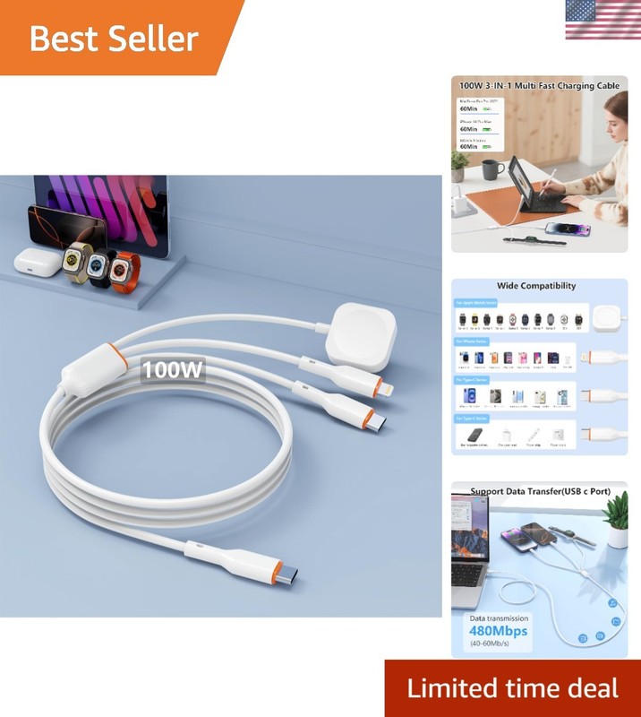 100W USB C Multi 3 in 1 Smart iWatch Charge Cable for iPhone/Apple Watch, Typ…