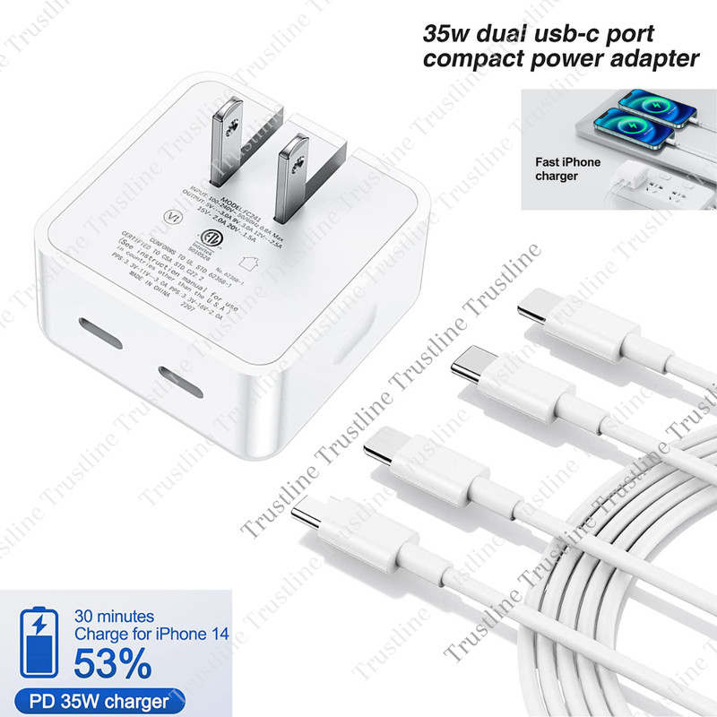 35W Dual USB-C Port Compact Power Adapter PD Cable For Apple iPhone Fast Charger