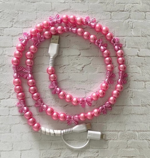NWT Pink Beaded 2-in-1 USB-C Phone Charging Cable with Adapter – 40”