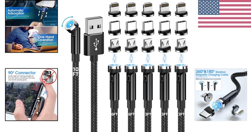 3-in-1 Nylon Braided Magnetic Charging Cable, 540° Rotation, Multi-Lengths gallery