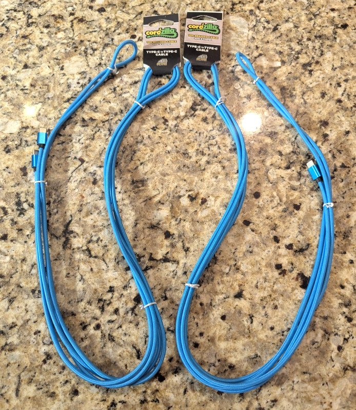 Cordzilla 10 ft USB-C to USB-C Braided Sync & Charge Cable Long Bright Blue 2 PK