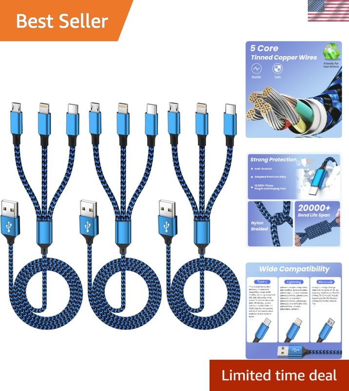Multi Charging Cable 3Pack, 4FT, 3 in1, USB, Nylon, Tangle Free