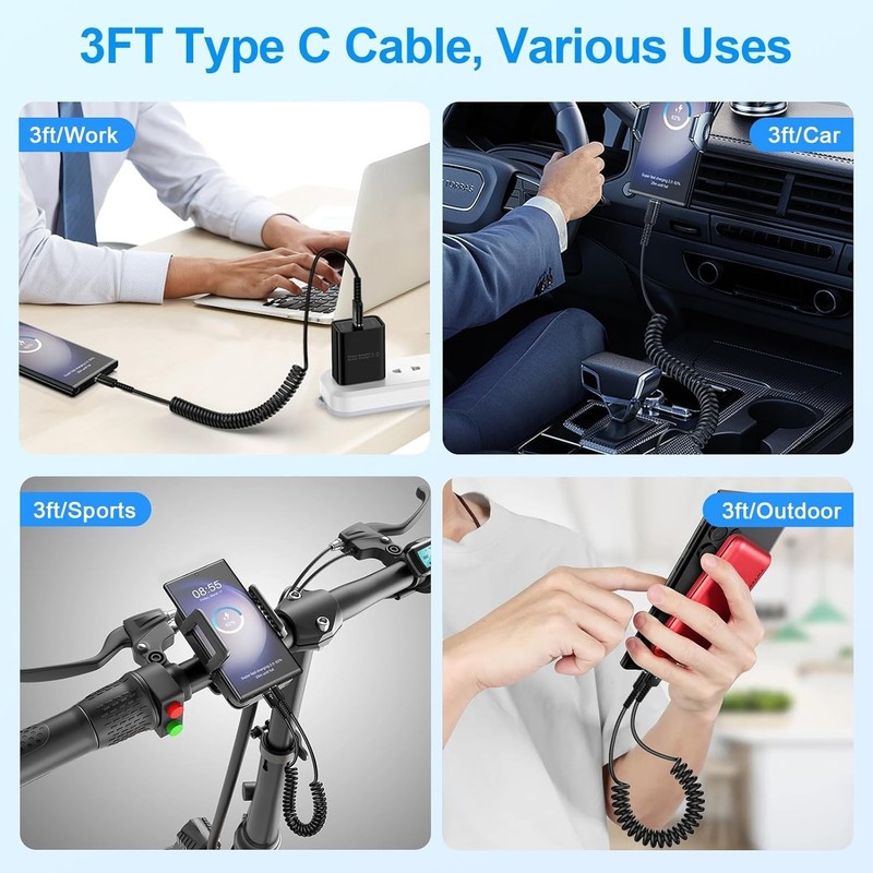 Fast Charger Cable Coiled USB C for Car 3FT Android Auto Type A to C Phone Power gallery