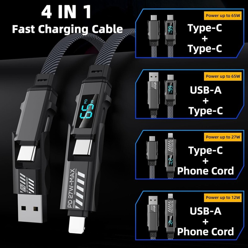 USB C to USB C,65W 4 in 1 Fast Charging Cable 6.6FT with LED Display,practical gallery