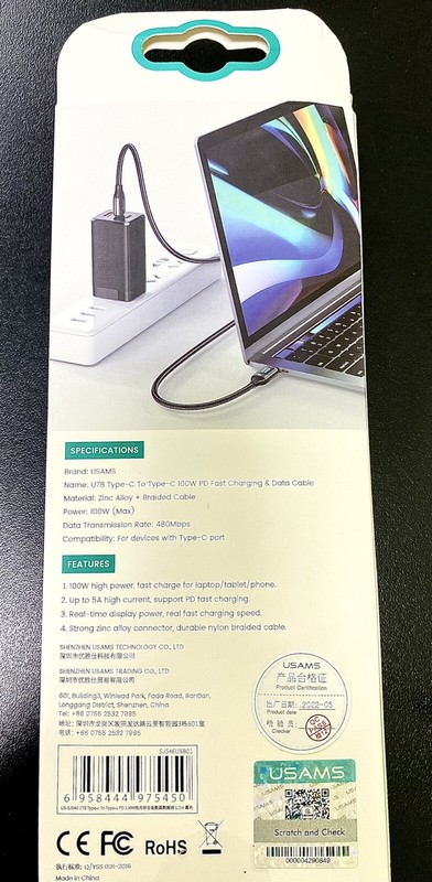 USAMS 100W PD LED Display C To Type C Fast Charge 1.2M , One Cable