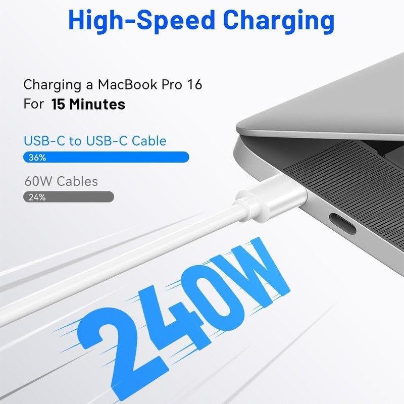 240W USB C To C Charging Cable 10ft Type C Fast Power Charger Cord White Wire gallery