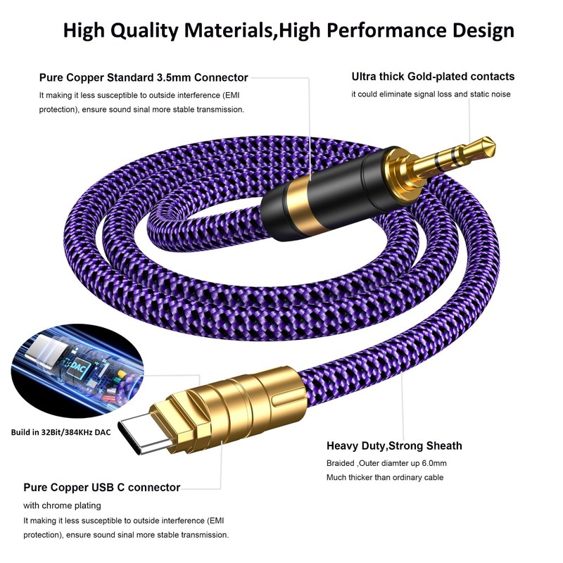 USB C to 3.5mm Audio Cable 3.2FT - Type-C AUX Stereo Headphone & Data Cable for gallery