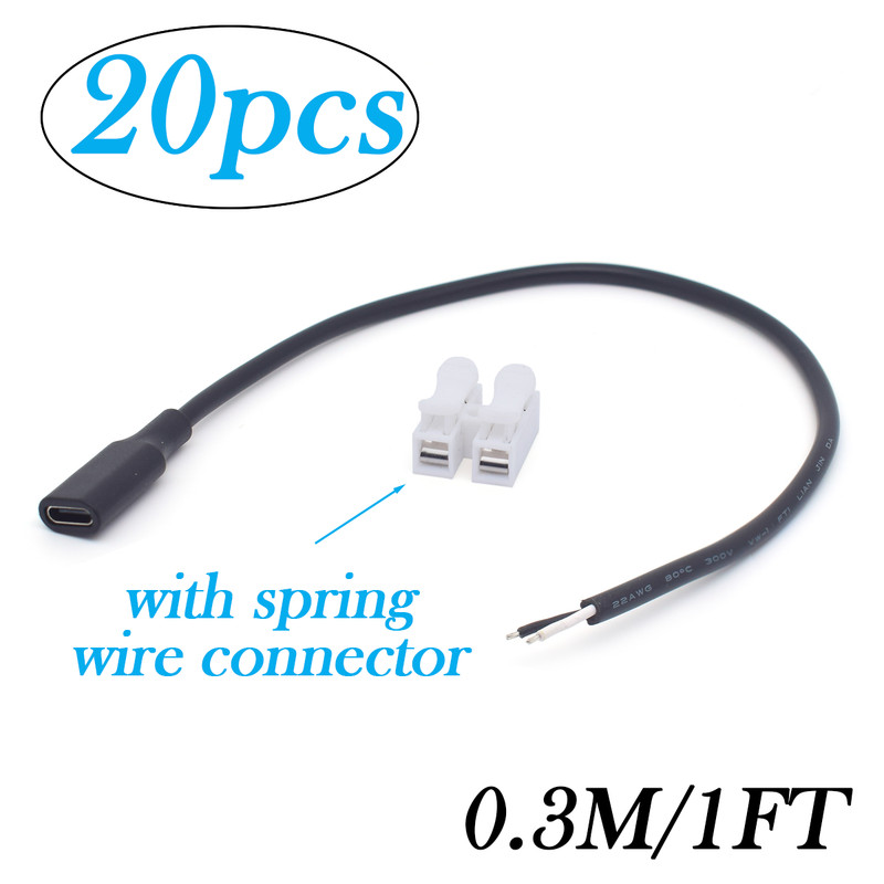 20pcs 22AWG 0.3M/1FT USB Type-C Female to 2-Pin Bare Wire 5V 3A DIY Repair Cable