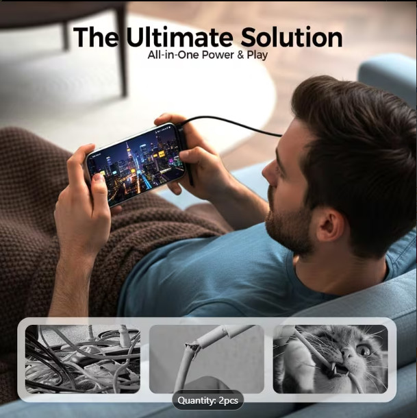 2PCS 240W USB-C Fast Charging Data Cable with Built-in Phone Holder – 2-in-1 Mul gallery