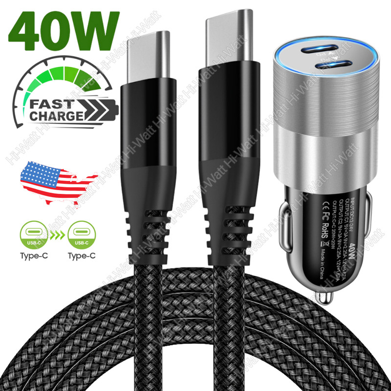 Car Charger 40W Dual PD USB-C Fast Adapter For iPhone 15 Pro Max Samsung Cable