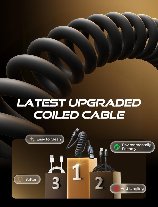 Coiled USB C Cable 2 Pack for Android Auto & CarPlay, Short USB A to C, 4FT, Gif gallery
