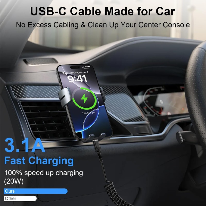 USB to C Coiled Cable Fast Charging 6FT, 6 feet (retractable), Black gallery