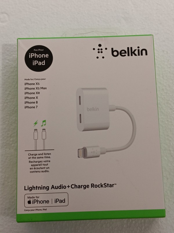 Belkin Audio + Charge Rockstar Adapter For iPhone – White Brand New