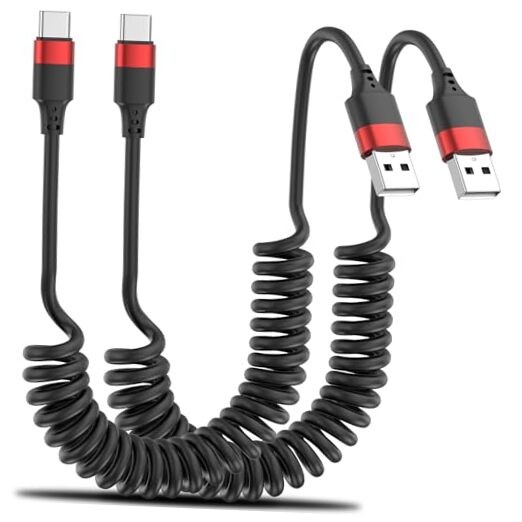Coiled USB C Cable for Car, 2 Pack Type C Coiled Cable Fast 3FT USB A-C