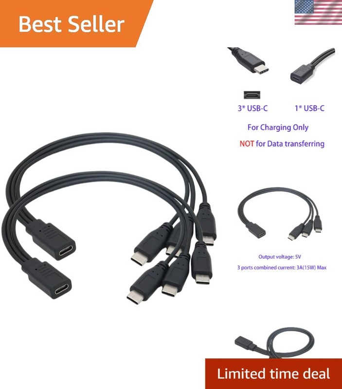 Black USB Type-C Splitter Charging Cable – Charge 3 Devices, 11.8 Inches