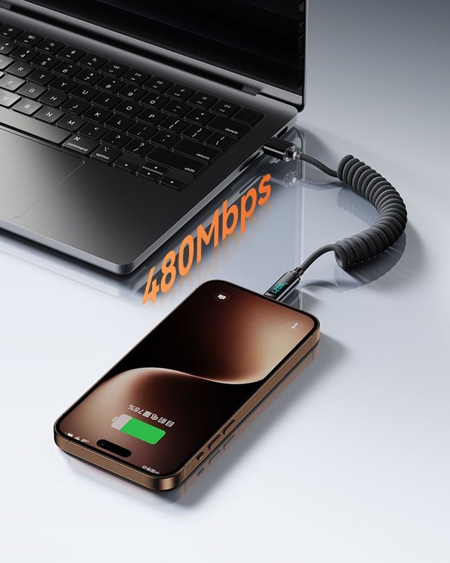 C-C, USB-C Spring Coil Cable Braided Fast Phone Lead Charger 120W Power Display gallery