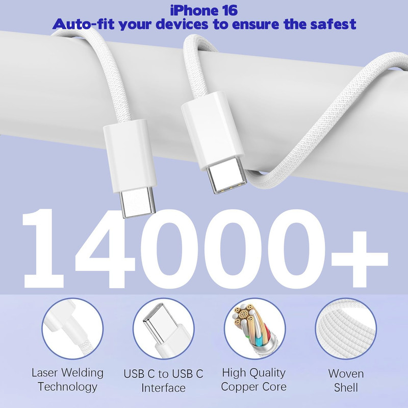 10FT Iphone 17 16 15 Pro Charger,2Pack 10Foot USB C to C Woven Cable Cord 40W US gallery