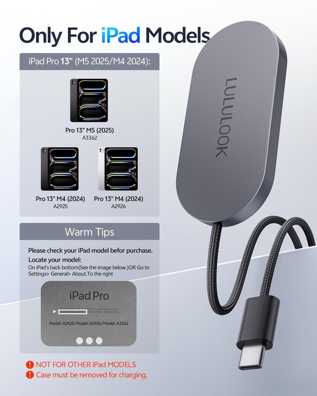 Magnetic Wireless Charger Cord for iPad Pro 13" M5 / M4 ONLY, 35W Aluminum Al... gallery