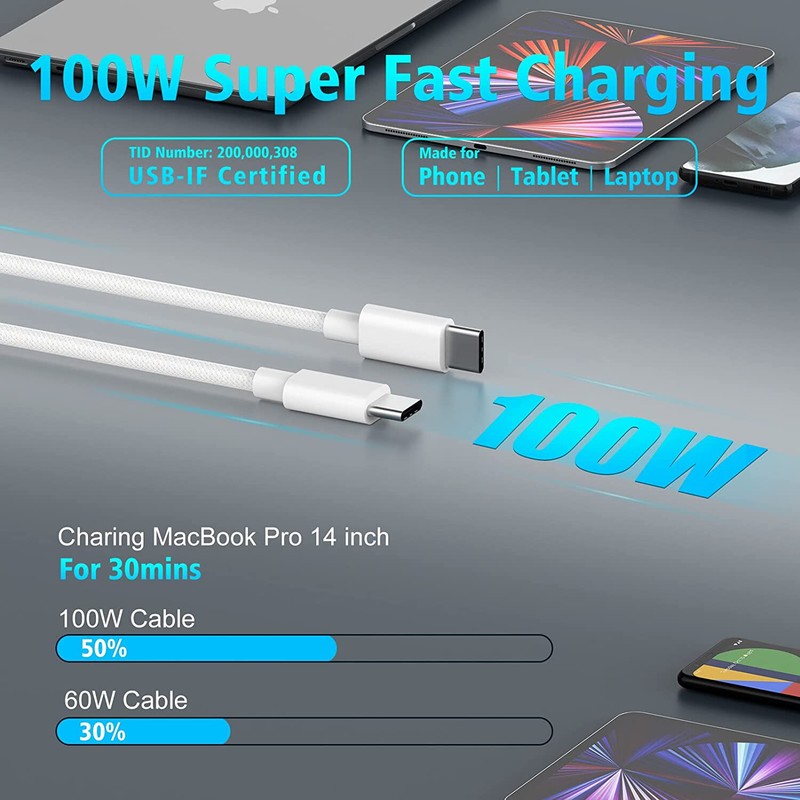 PD 100W Type C Cable Fast Charger Charging Cord Nylon 3FT For iPhone 15 Samsung gallery