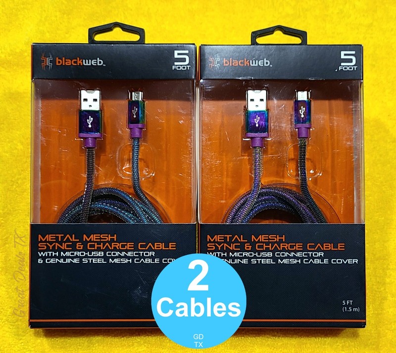 TWO Blackweb 5 ft Metal Steel Mesh Sync Charge Micro-USB Cables (Iridescent) NEW