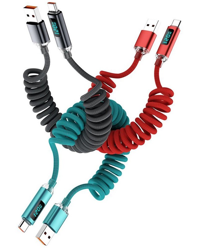 C-C, USB-C Spring Coil Cable Braided Fast Phone Lead Charger 120W Power Display gallery