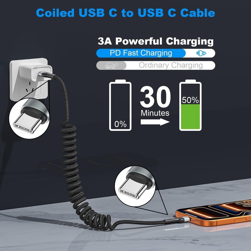 Coiled USB C Cable 3ft 2-Pack | Fast Charging Type C Charger for iPhone & Samsun gallery