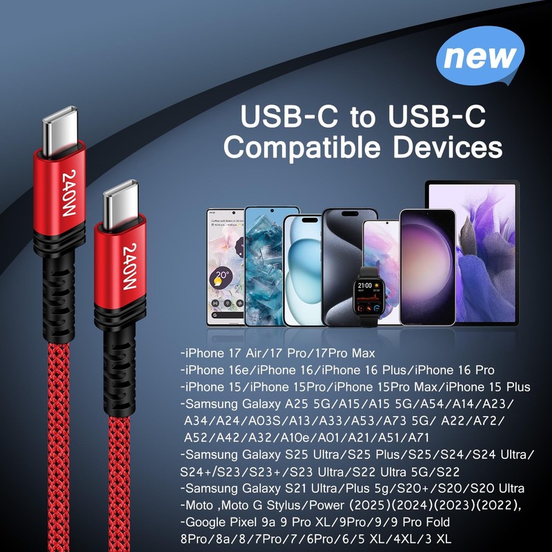 240W USB C Charger Cable Fast Charging Cord For iPhone Red Type C Wire 3ft gallery