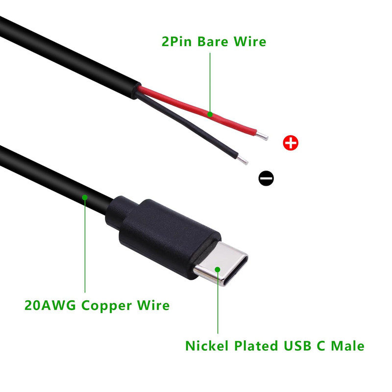 USB C 2 Pin Power Pigtail Cable 20AWG 5V USB Type C Male Plug to 2 Pin Bare Wire gallery