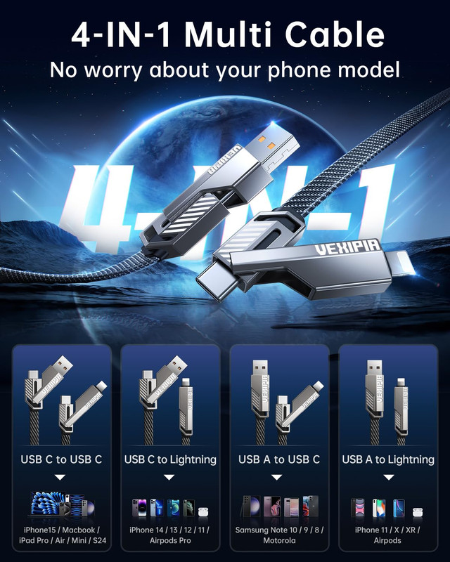 4-in-1 USB C Cable 60W Fast Charging Nylon Braided for iPhone & iPad 5FT gallery