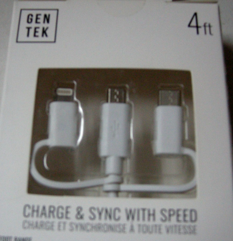 Gen Tek 3 -in-1 Charge & Sync Cable, 4 Ft., For Lighting, Micro USB, USB-C gallery