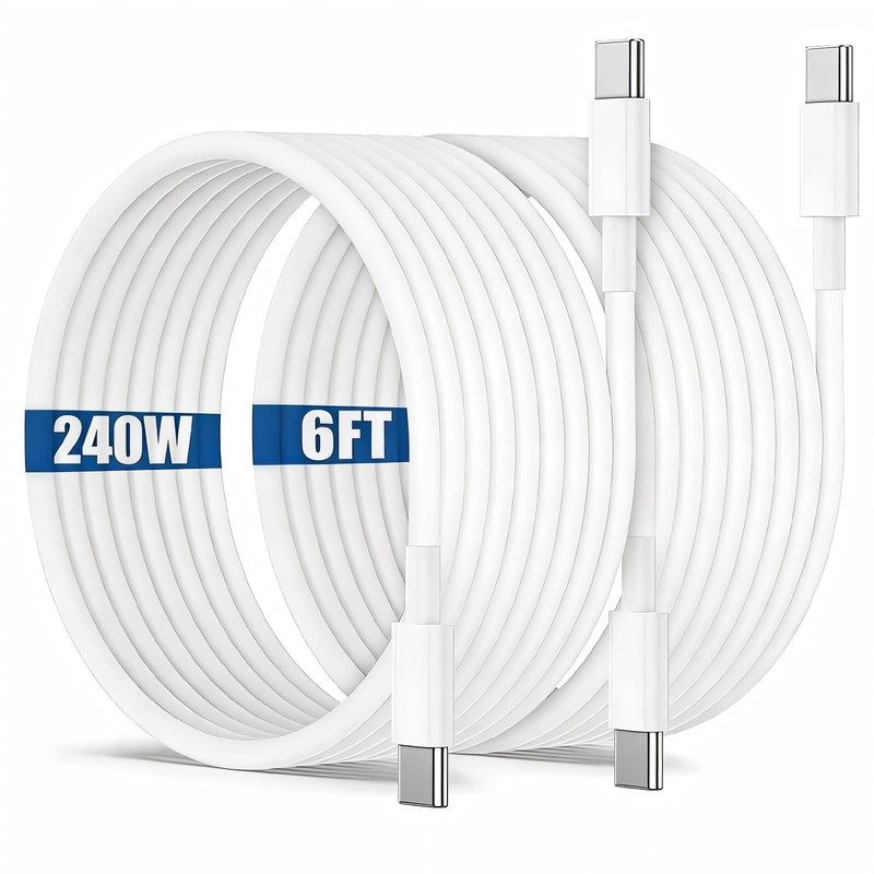 240W USB C To C Charging Cable 6ft Type C Fast Power Sync Cord Light White