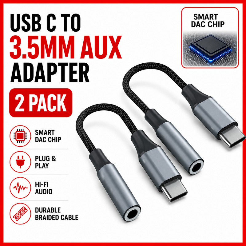 2 USB-C Type C Adapter Port to 3.5MM Aux Audio Jack Earphone Headphone Cable USB