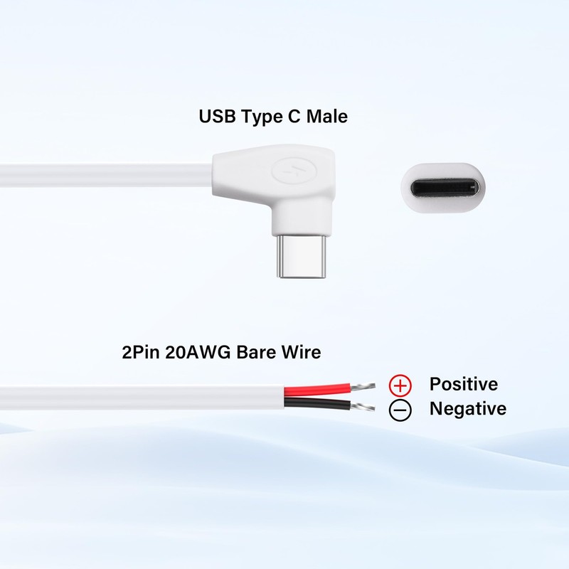 2 PCS 90 Degree USB C Power Pigtail Cable 20AWG 5V Male To 2 Pin Bare Wire 1M gallery