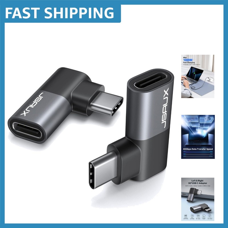 2-Pack USB C 90 Degree Adapters | 100W Power Delivery & 40Gbps Transfer