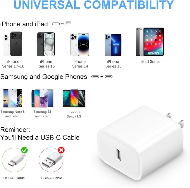 WHOLESALE Type-C Fast Charger For iPhone11 12 13 14 15 16e 17 20W Block PD Cable gallery