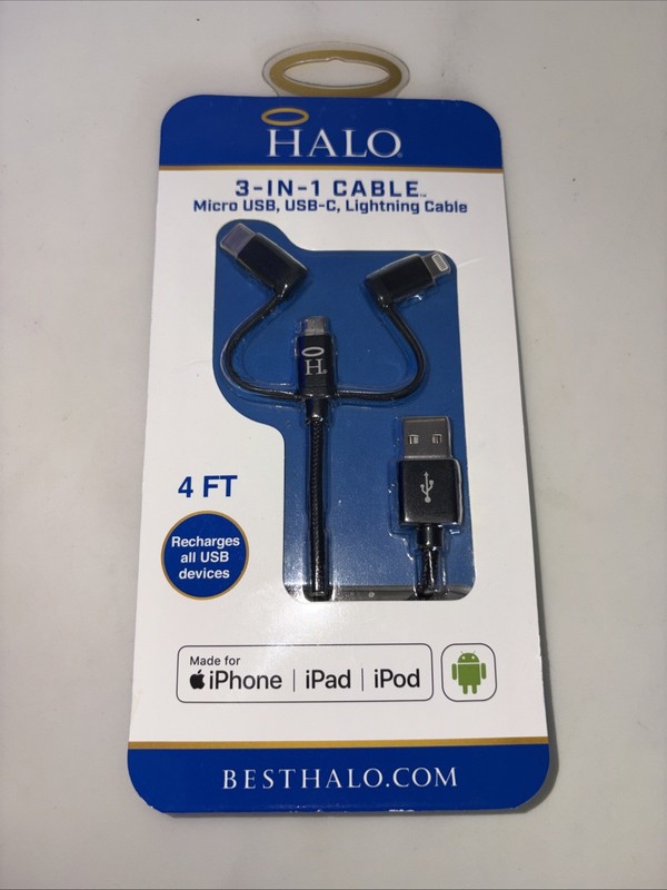 Halo 3-In-1 4ft Cable Micro USB, USB-C, Fast Charging Cable