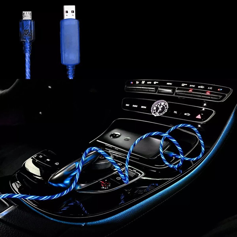 5x Micro USB Cable Charge Sync Blue Light up Pulse Electroluminescent V2 3 Feet
