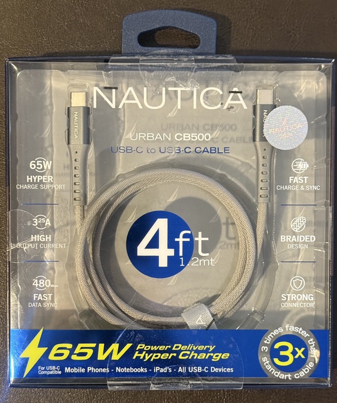 Nautica Urban 4ft Braided Gray USB-C To USB-C 65Watts Hyper Charge Cable * CB500