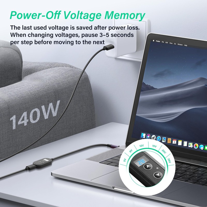 SinLoon PD 140W USB C to DC5525 Converter Cable | Adjustable Voltage 5V/9V/12... gallery