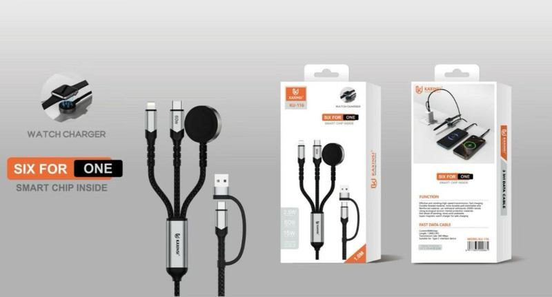 6-in-1 Fast Charging Cable 66W USB to Type-C Micro USB 8-Pin Watch Charger Braid