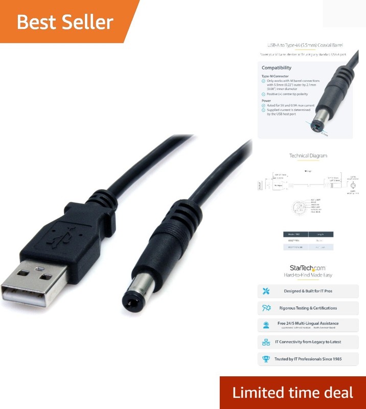 Durable 3FT USB-A to Type M Barrel Power Cable – Perfect for Professionals