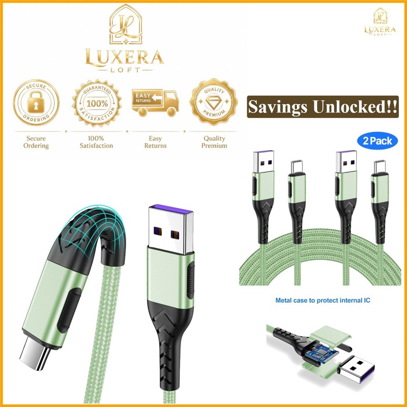 2 Pack 6ft USB C Charging Cables Fast Data Sync for Phone Tablet Laptop Green