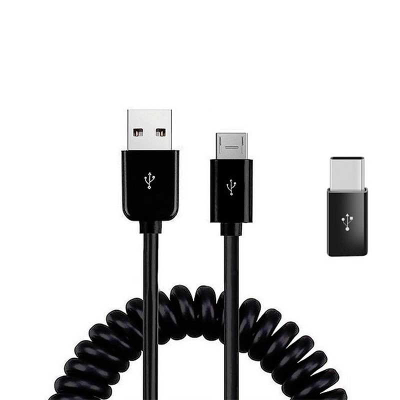 Coiled USB Cable Charger Cord Micro-USB to USB-C Adapter Power for SmartPhones